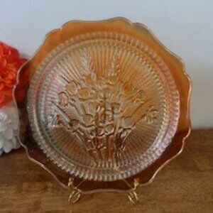 Jeannette Iris and Herringbone Marigold Carnival Glass Plate Floral Depression E